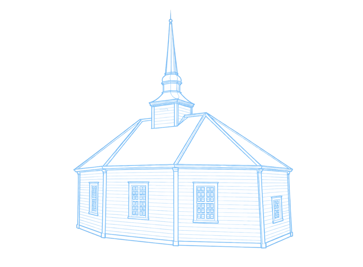Hand-drawn church in blue ink